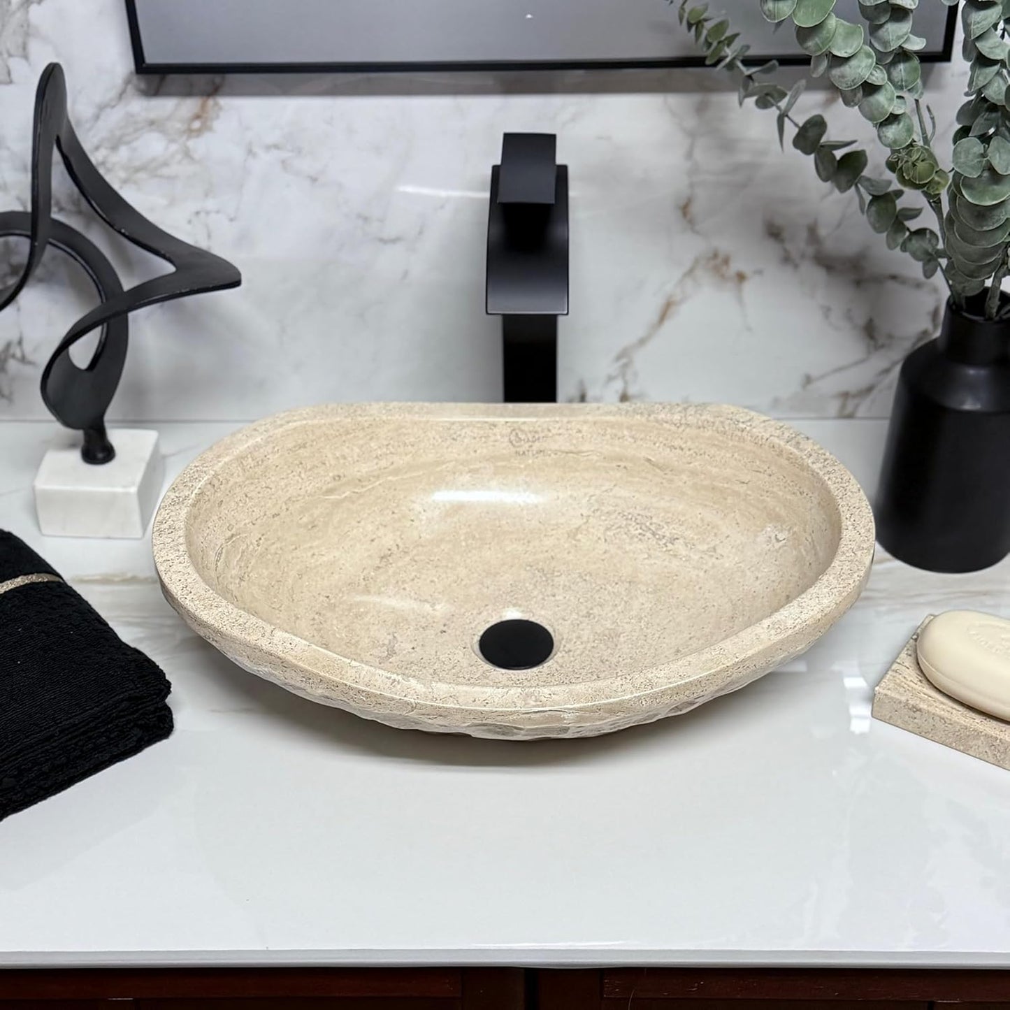 Natural Tan Travertine Vessel Sink – Modern Rustic Chiseled Oval Canoe Bathroom Sink – Hand-Carved Marble – Real Stone Basin