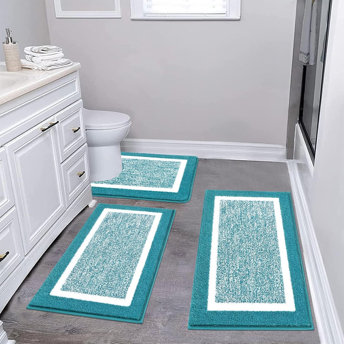 Pauwer 3 Pieces Bathroom Rugs Sets, Ultra Soft Non-Slip Mats, Microfiber Absorbent Bath Rugs with U-Shaped Toilet Rug for Bath Floor, Tub, Shower, Blue