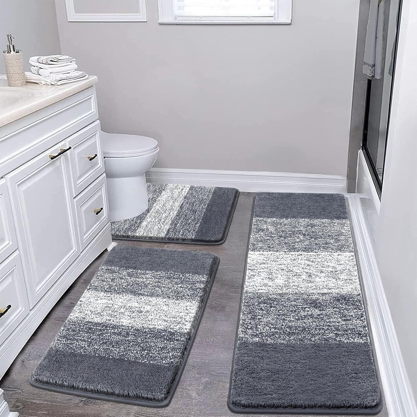 Pauwer 3 Piece Bath Mat Set Bathroom Rugs, Non Slip Plush Bathroom Mats, Absorbent Shaggy Bathroom Rug Set with U-Shaped Contour Toilet Mat for Bedroom Living Room, Navy Blue