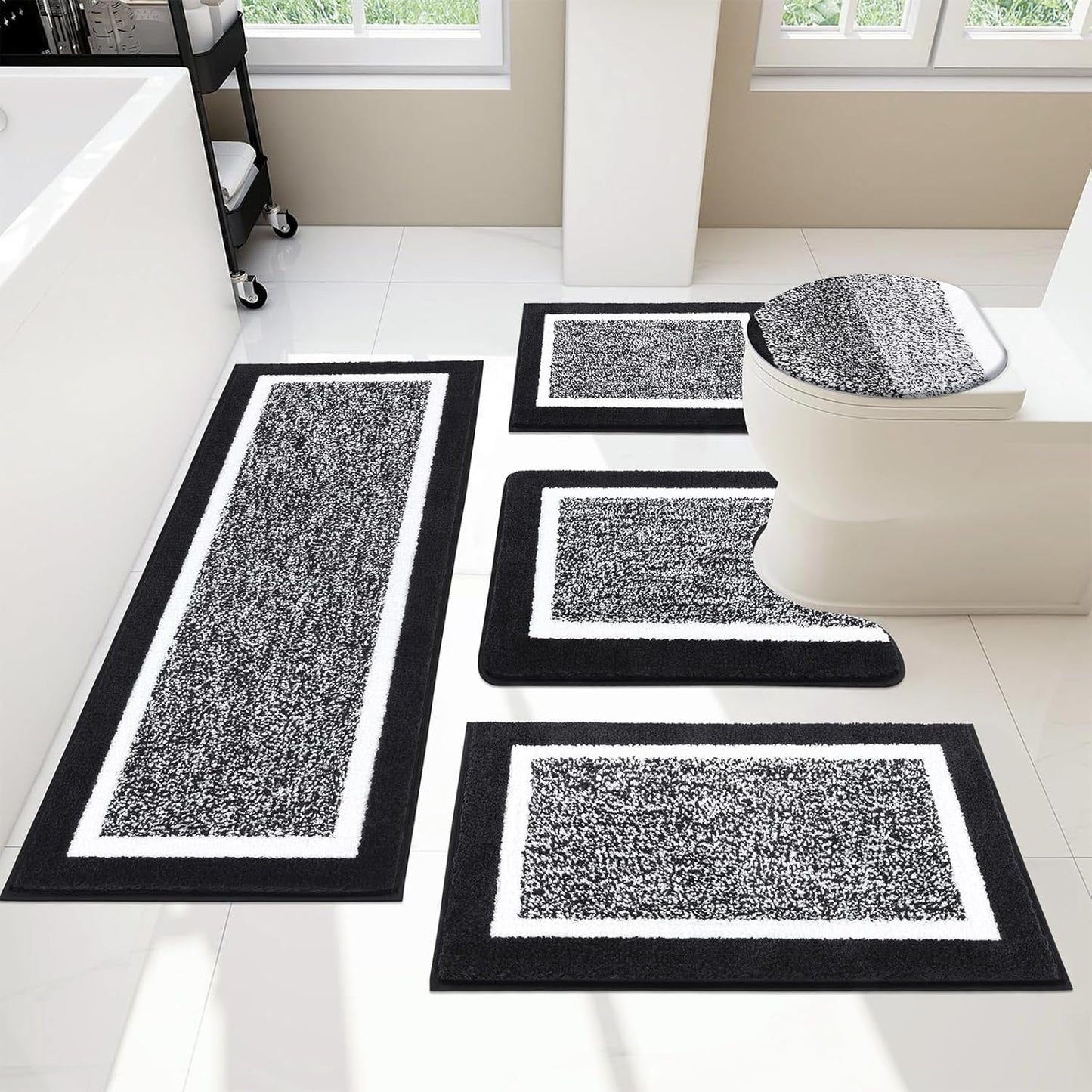 Pauwer Bathroom Rugs Set 5 Piece, Plush Absorbent Microfiber Bath Mats for Bathroom, Non Slip Washable Bath Rug Set with U Shaped Contour Toilet Rugs, Shower Rug and Toilet Lid Cover, Navy Blue