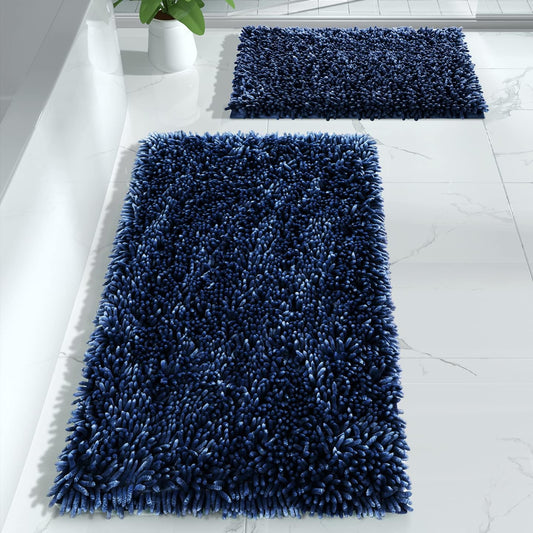 Yimobra Bathroom Rug Set 2 Piece, Luxury Shaggy Bath Mat Set with Non Slip Backing, Ultra Soft & Absorbent Mats for Bathroom Floor, Machine Washable, 31.5"x20"+24"x17", Blue