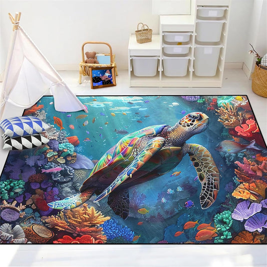 Sea Turtle Rug - Ocean Animal Theme Area Rug Blue Turtle Coral Printted Carpet Sea Animal Underwater Carpet Sea Turtle Mat for Kids Bedroom Living Room Decor,3'×5'