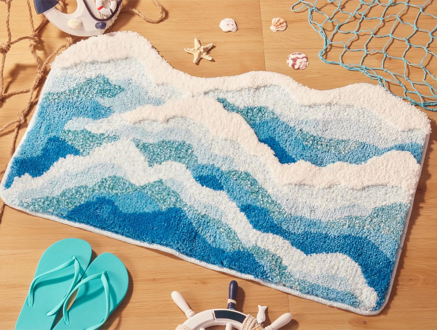 Large Blue Ocean Wave Bath Mat, Cute Funky Bathroom Rugs for Coastal Beach Nautical Themed Decor, Non-Slip Washable Accent Rug for Bedroom Kitchen, Trendy Tufted Shower Mats 47"x 24"