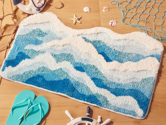 Large Blue Ocean Wave Bath Mat, Cute Funky Bathroom Rugs for Coastal Beach Nautical Themed Decor, Non-Slip Washable Accent Rug for Bedroom Kitchen, Trendy Tufted Shower Mats 47"x 24"
