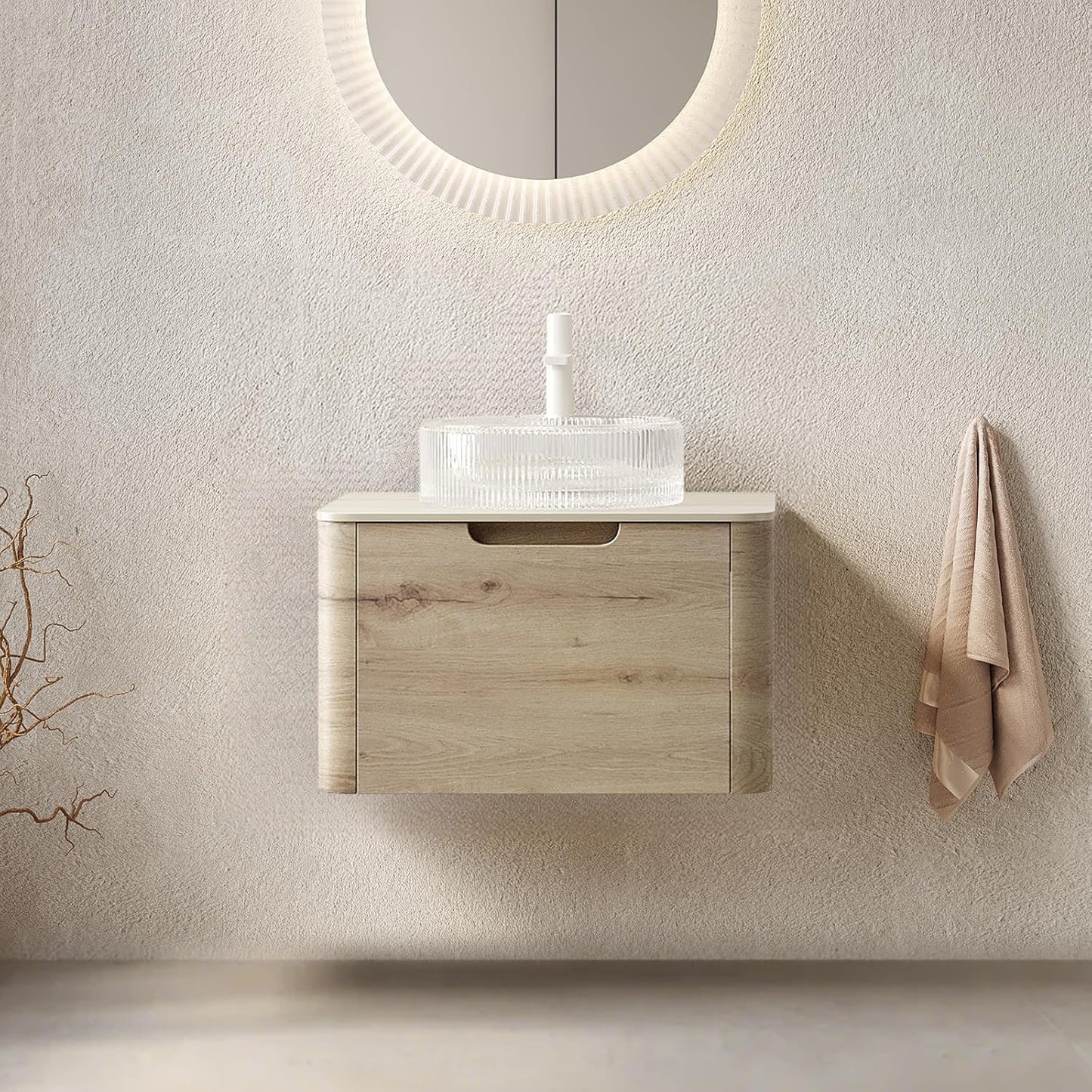 30 Inschs Bathroom Vanity with Sink, Modern Wall Mounted Bathroom with Soft Close Drawer, Stone Pattern Round Ceramic Basin and Solid Material Roma Travertine-Pattern Sintered Stone Top, Oak
