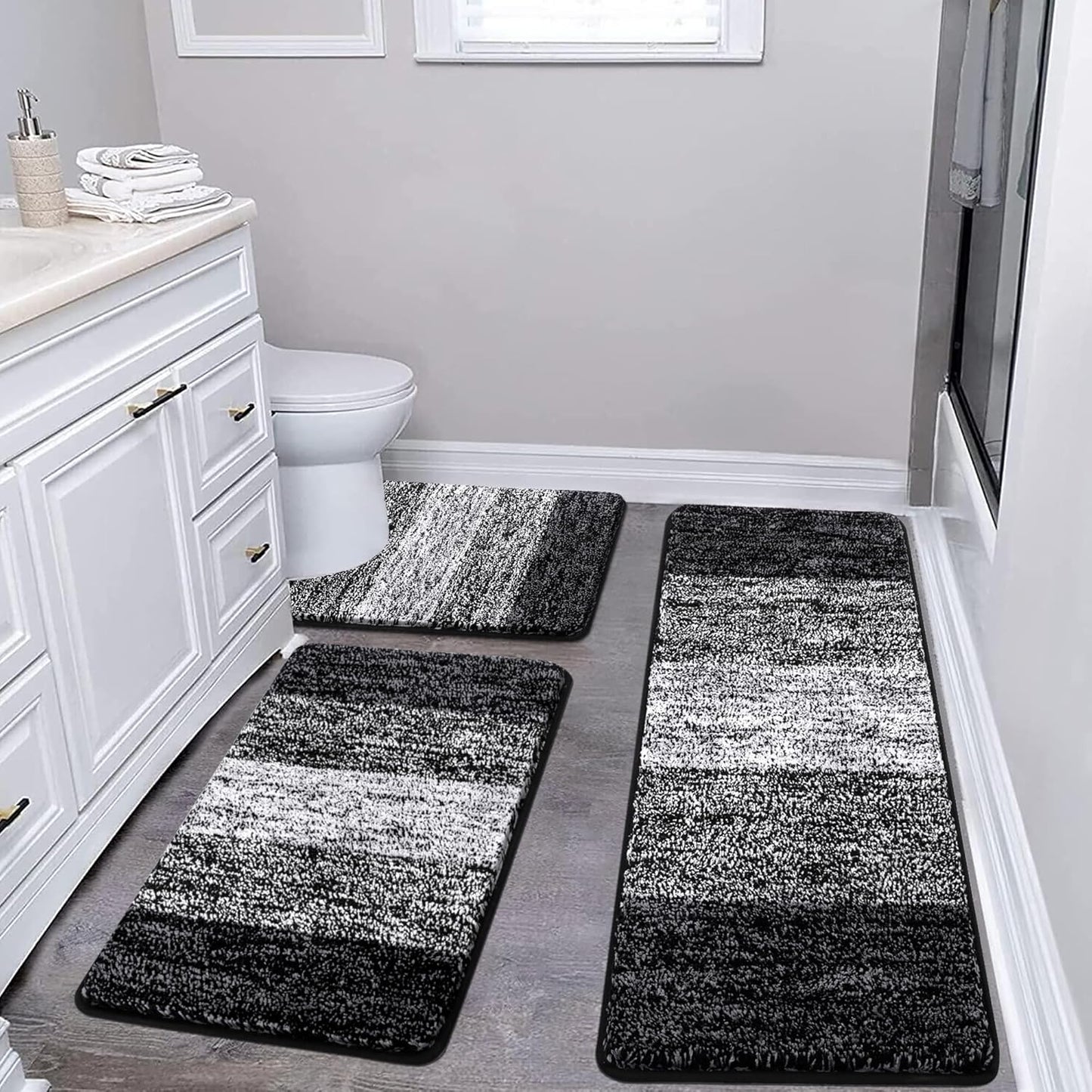 Pauwer 3 Piece Bath Mat Set Bathroom Rugs, Non Slip Plush Bathroom Mats, Absorbent Shaggy Bathroom Rug Set with U-Shaped Contour Toilet Mat for Bedroom Living Room, Navy Blue