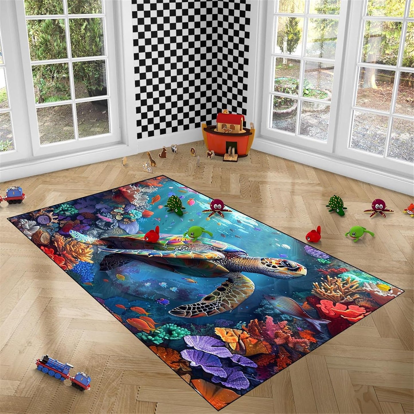 Sea Turtle Rug - Ocean Animal Theme Area Rug Blue Turtle Coral Printted Carpet Sea Animal Underwater Carpet Sea Turtle Mat for Kids Bedroom Living Room Decor,3'×5'