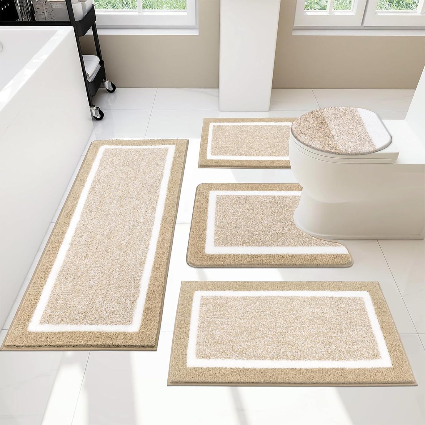 Pauwer Bathroom Rugs Set 5 Piece, Plush Absorbent Microfiber Bath Mats for Bathroom, Non Slip Washable Bath Rug Set with U Shaped Contour Toilet Rugs, Shower Rug and Toilet Lid Cover, Navy Blue