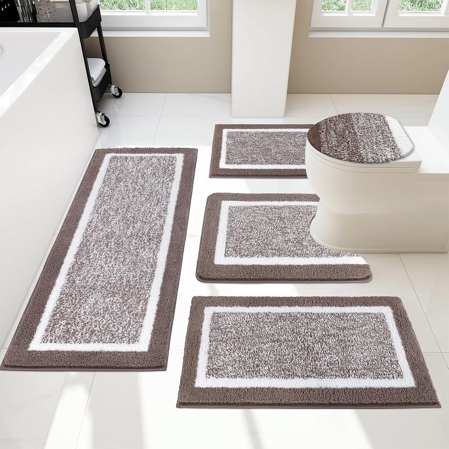 Pauwer Bathroom Rugs Set 5 Piece, Plush Absorbent Microfiber Bath Mats for Bathroom, Non Slip Washable Bath Rug Set with U Shaped Contour Toilet Rugs, Shower Rug and Toilet Lid Cover, Navy Blue