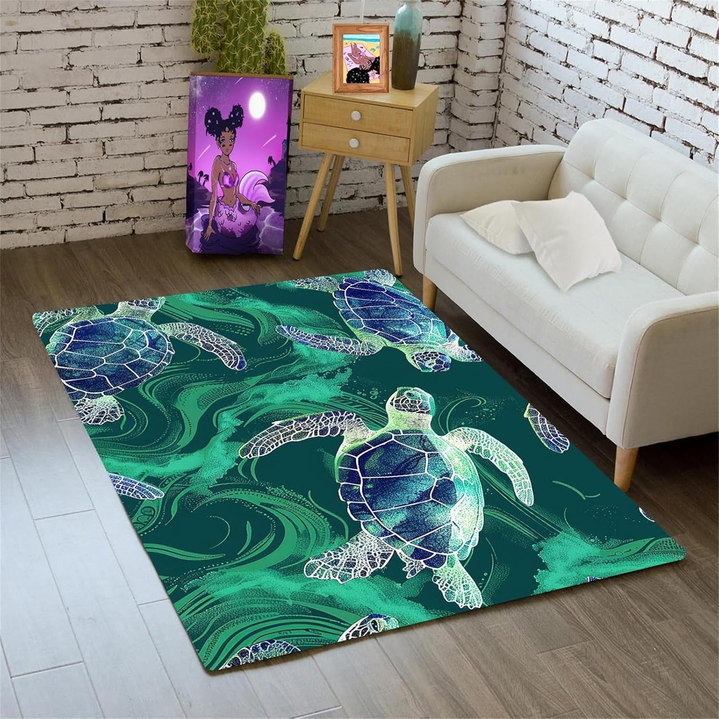 Sea Turtle Rug - Ocean Animal Theme Area Rug Blue Turtle Coral Printted Carpet Sea Animal Underwater Carpet Sea Turtle Mat for Kids Bedroom Living Room Decor,3'×5'