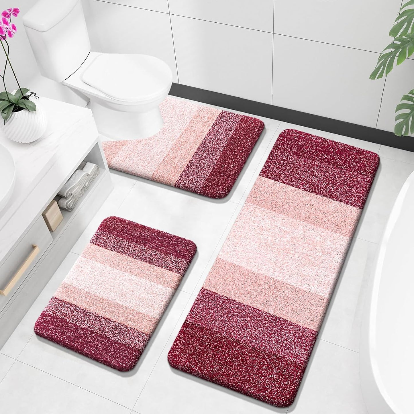 OLANLY Bathroom Rugs Sets 3 Piece, Soft Absorbent Microfiber Bath Mats and U-Shaped Contour Toilet Rug, Plush Shaggy Bath Mat Set for Bathroom (30"x20"+24"x16"+24"x20", Navy)