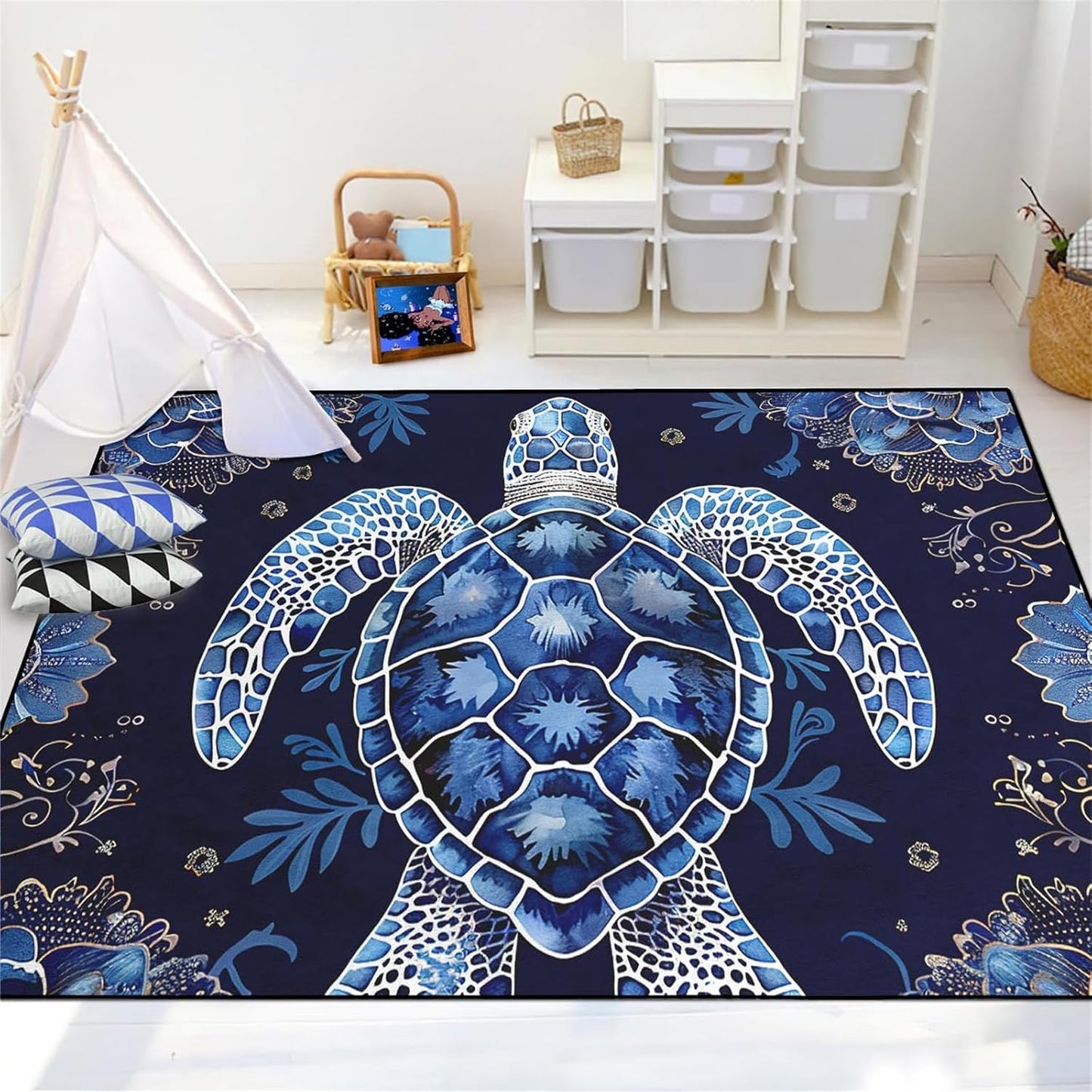 Sea Turtle Rug - Ocean Animal Theme Area Rug Blue Turtle Coral Printted Carpet Sea Animal Underwater Carpet Sea Turtle Mat for Kids Bedroom Living Room Decor,3'×5'