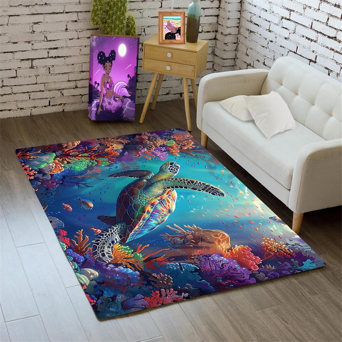 Sea Turtle Rug - Ocean Animal Theme Area Rug Blue Turtle Coral Printted Carpet Sea Animal Underwater Carpet Sea Turtle Mat for Kids Bedroom Living Room Decor,3'×5'
