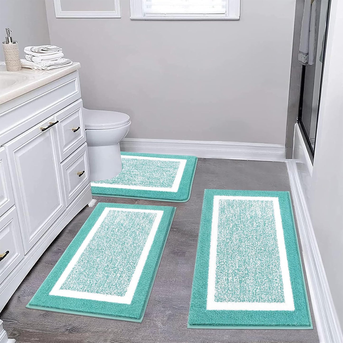 Pauwer 3 Pieces Bathroom Rugs Sets, Ultra Soft Non-Slip Mats, Microfiber Absorbent Bath Rugs with U-Shaped Toilet Rug for Bath Floor, Tub, Shower, Blue