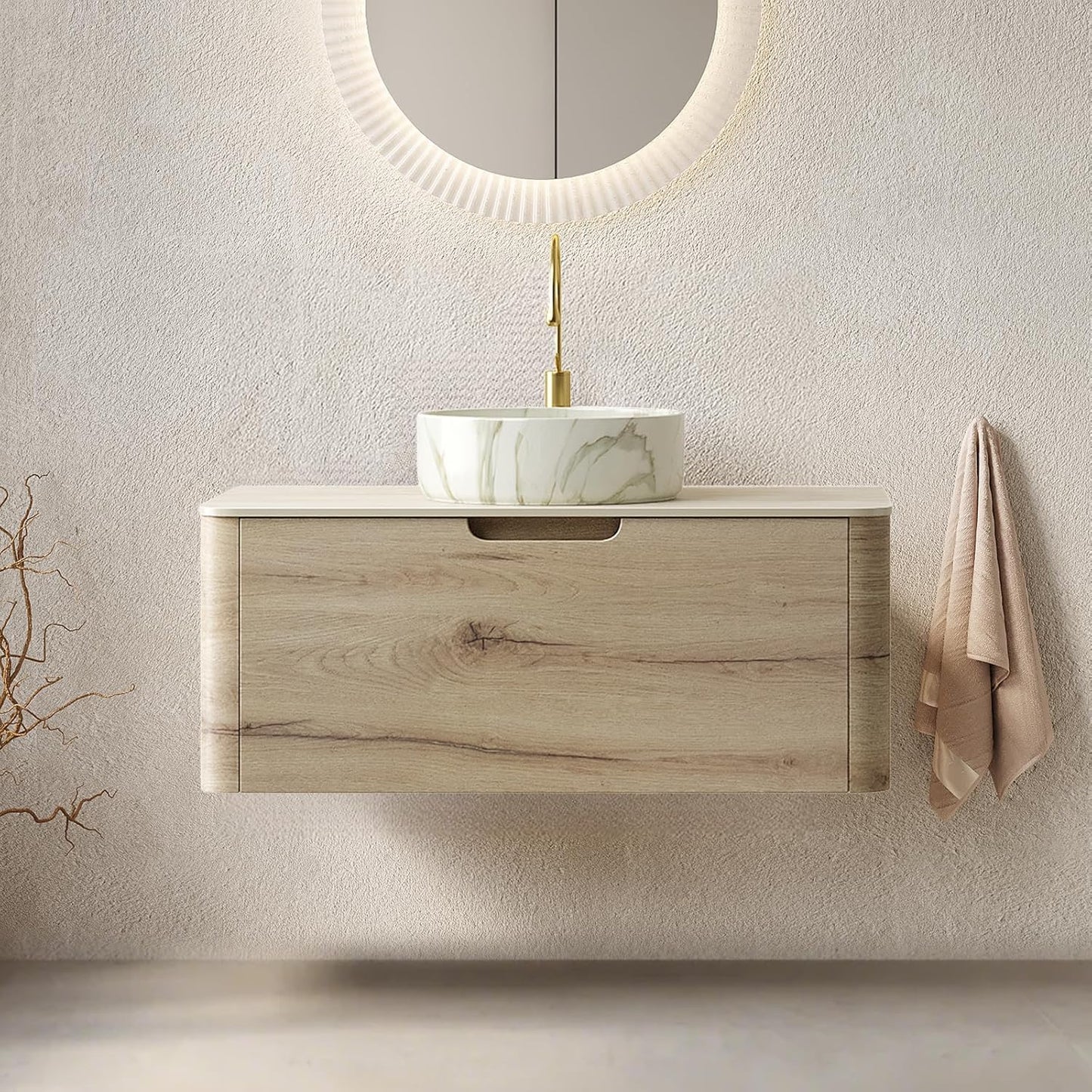 30 Inschs Bathroom Vanity with Sink, Modern Wall Mounted Bathroom with Soft Close Drawer, Stone Pattern Round Ceramic Basin and Solid Material Roma Travertine-Pattern Sintered Stone Top, Oak