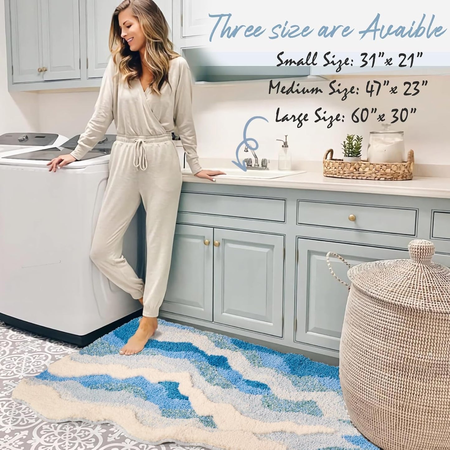 Large Blue Ocean Wave Bath Mat, Cute Funky Bathroom Rugs for Coastal Beach Nautical Themed Decor, Non-Slip Washable Accent Rug for Bedroom Kitchen, Trendy Tufted Shower Mats 47"x 24"
