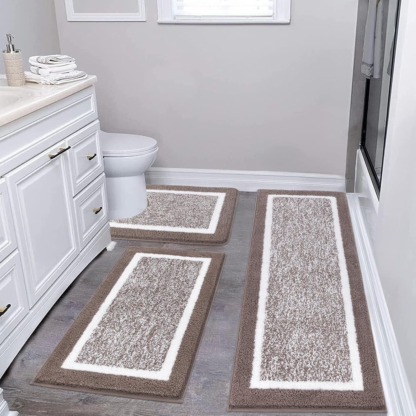 Pauwer 3 Pieces Bathroom Rugs Sets, Ultra Soft Non-Slip Mats, Microfiber Absorbent Bath Rugs with U-Shaped Toilet Rug for Bath Floor, Tub, Shower, Blue