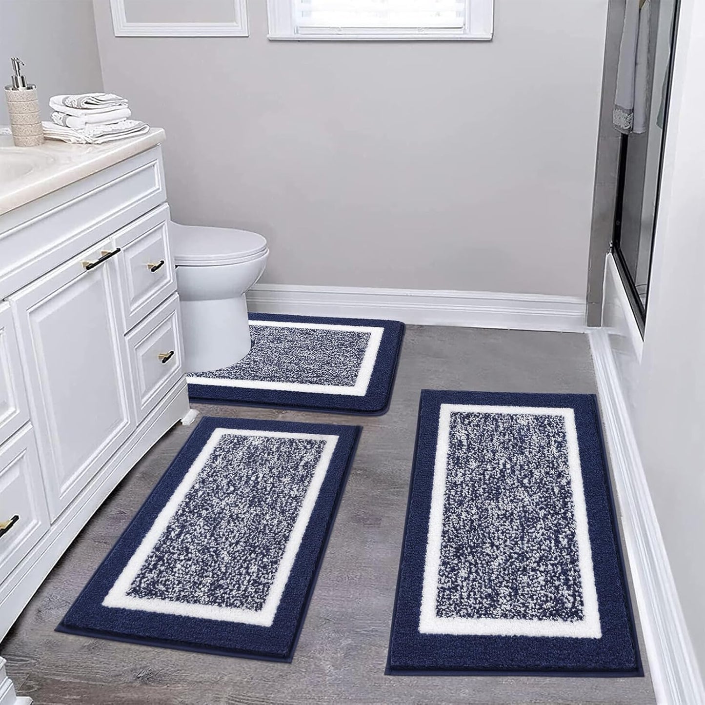 Pauwer 3 Pieces Bathroom Rugs Sets, Ultra Soft Non-Slip Mats, Microfiber Absorbent Bath Rugs with U-Shaped Toilet Rug for Bath Floor, Tub, Shower, Blue