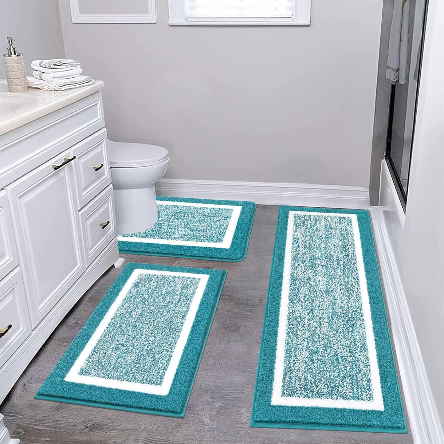 Pauwer 3 Pieces Bathroom Rugs Sets, Ultra Soft Non-Slip Mats, Microfiber Absorbent Bath Rugs with U-Shaped Toilet Rug for Bath Floor, Tub, Shower, Blue