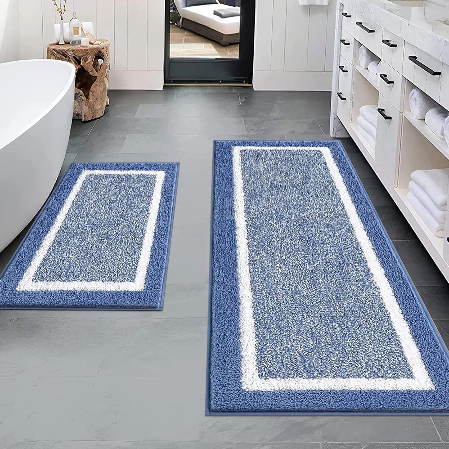 Pauwer 3 Pieces Bathroom Rugs Sets, Ultra Soft Non-Slip Mats, Microfiber Absorbent Bath Rugs with U-Shaped Toilet Rug for Bath Floor, Tub, Shower, Blue