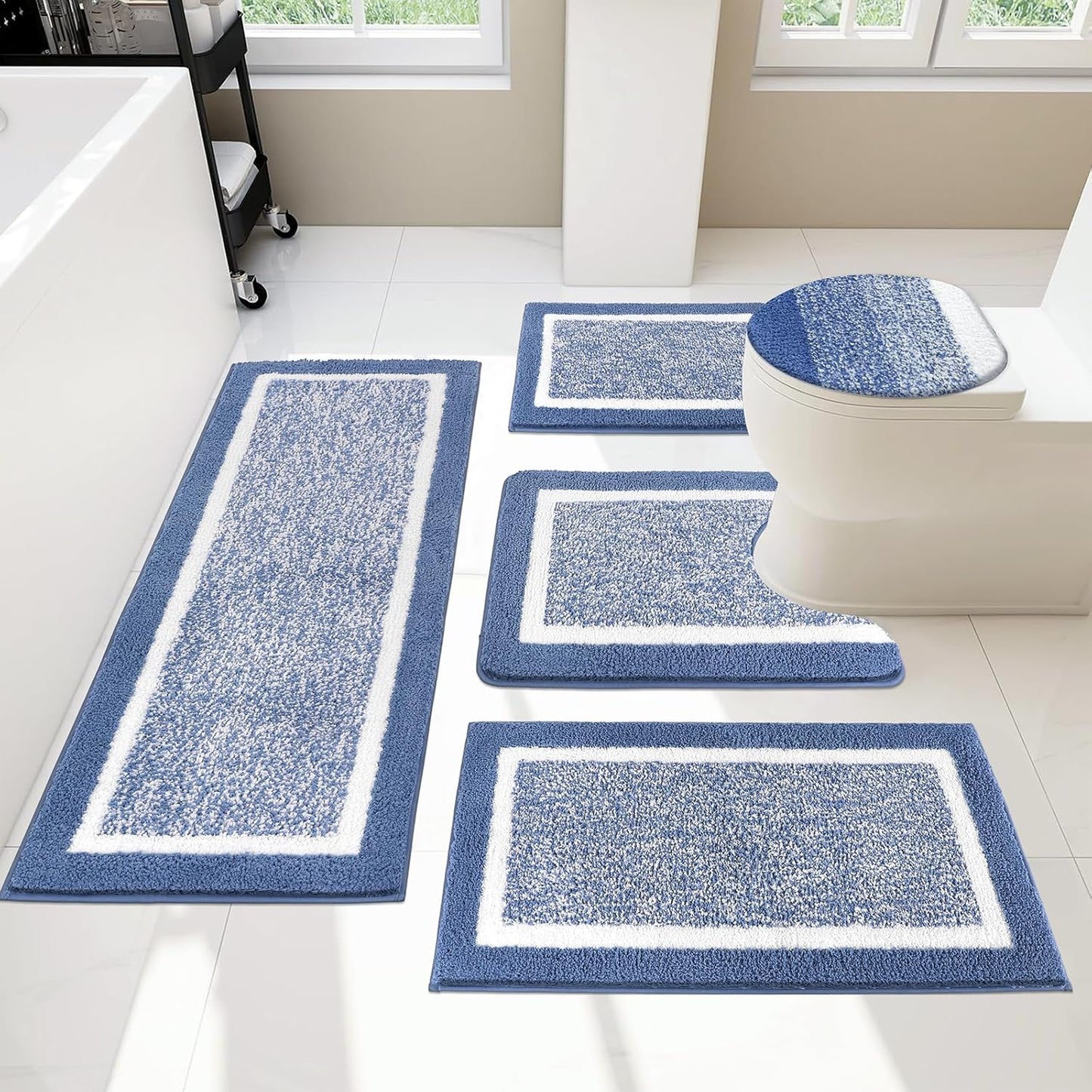Pauwer Bathroom Rugs Set 5 Piece, Plush Absorbent Microfiber Bath Mats for Bathroom, Non Slip Washable Bath Rug Set with U Shaped Contour Toilet Rugs, Shower Rug and Toilet Lid Cover, Navy Blue