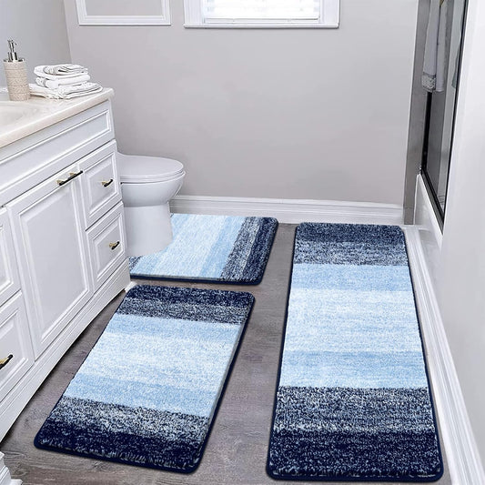 Pauwer 3 Piece Bath Mat Set Bathroom Rugs, Non Slip Plush Bathroom Mats, Absorbent Shaggy Bathroom Rug Set with U-Shaped Contour Toilet Mat for Bedroom Living Room, Navy Blue