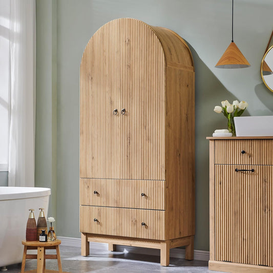 71" Tall Arched Bathroom Storage Cabinet, Modern Fluted Cabinet Storage with 4 Shlves and 2 Drawers, Floor Cabinet for Bathroom, Living Room, Kitchen, Natural