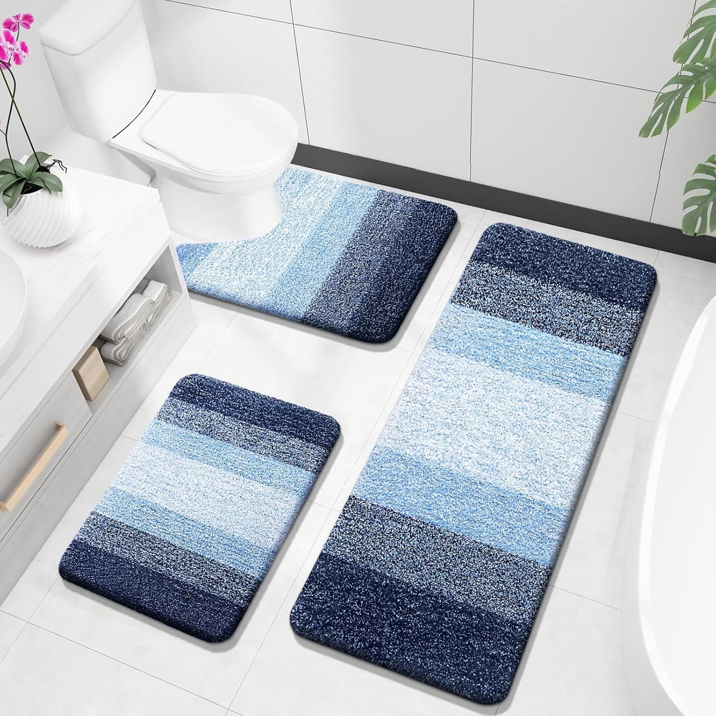 OLANLY Bathroom Rugs Sets 3 Piece, Soft Absorbent Microfiber Bath Mats and U-Shaped Contour Toilet Rug, Plush Shaggy Bath Mat Set for Bathroom (30"x20"+24"x16"+24"x20", Navy)