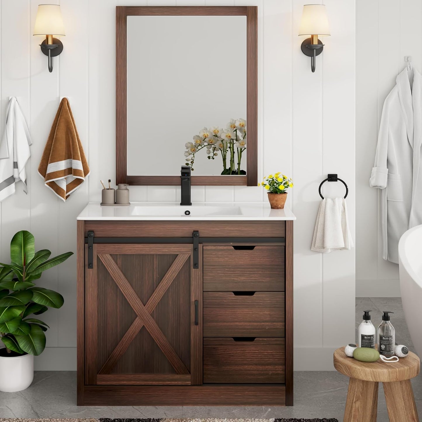 36 Inch Bathroom Vanity with Sink & Faucet & Mirror, Farmhouse Bathroom Vanity Cabinet Set with Sliding Barn Door & Drawers, Small Single Bath Storage Vanity Sink, White