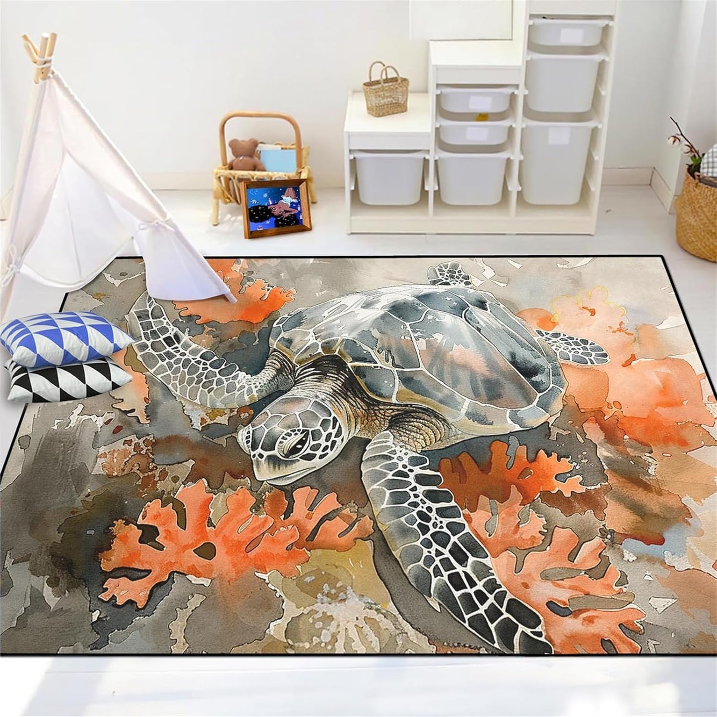 Sea Turtle Rug - Ocean Animal Theme Area Rug Blue Turtle Coral Printted Carpet Sea Animal Underwater Carpet Sea Turtle Mat for Kids Bedroom Living Room Decor,3'×5'