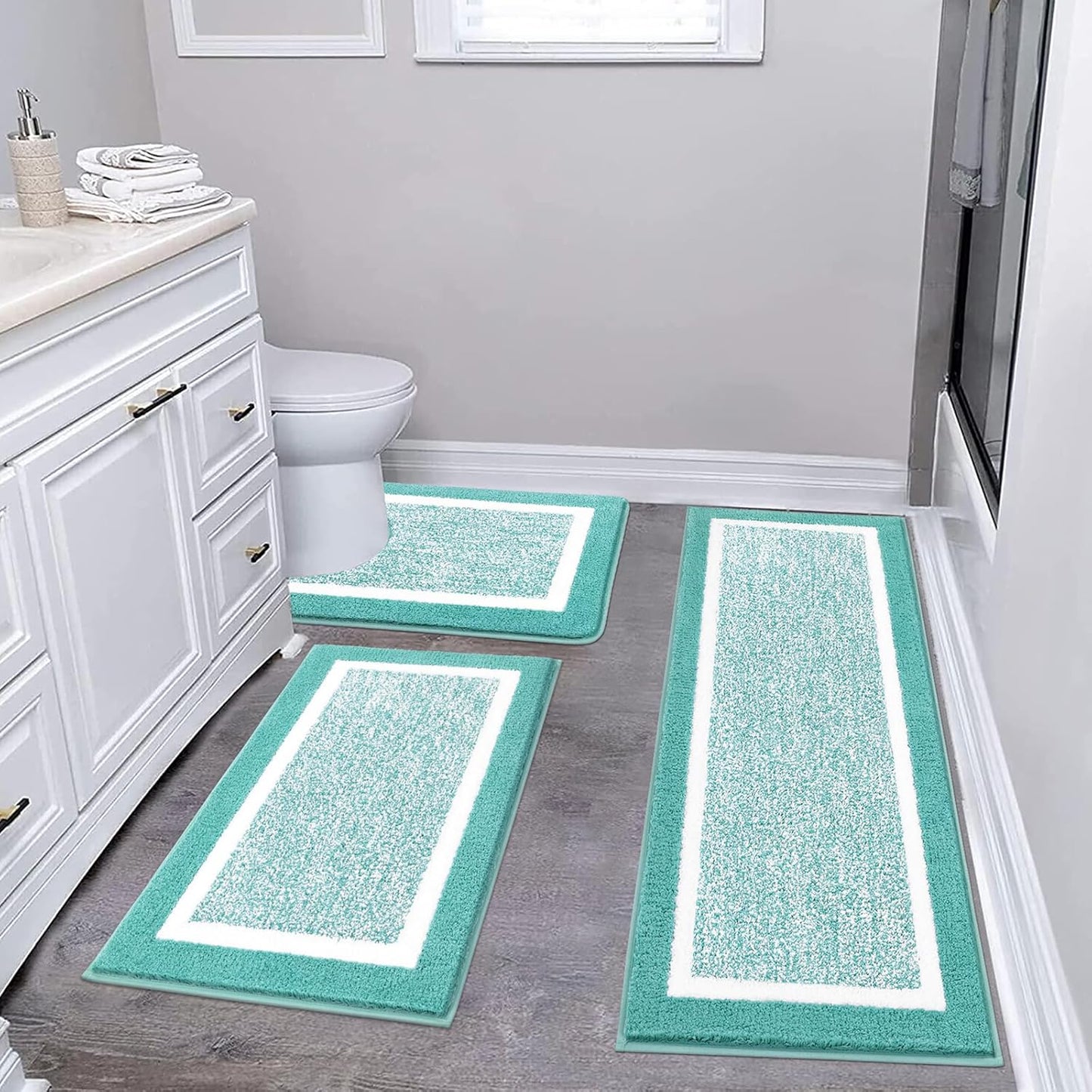 Pauwer 3 Pieces Bathroom Rugs Sets, Ultra Soft Non-Slip Mats, Microfiber Absorbent Bath Rugs with U-Shaped Toilet Rug for Bath Floor, Tub, Shower, Blue