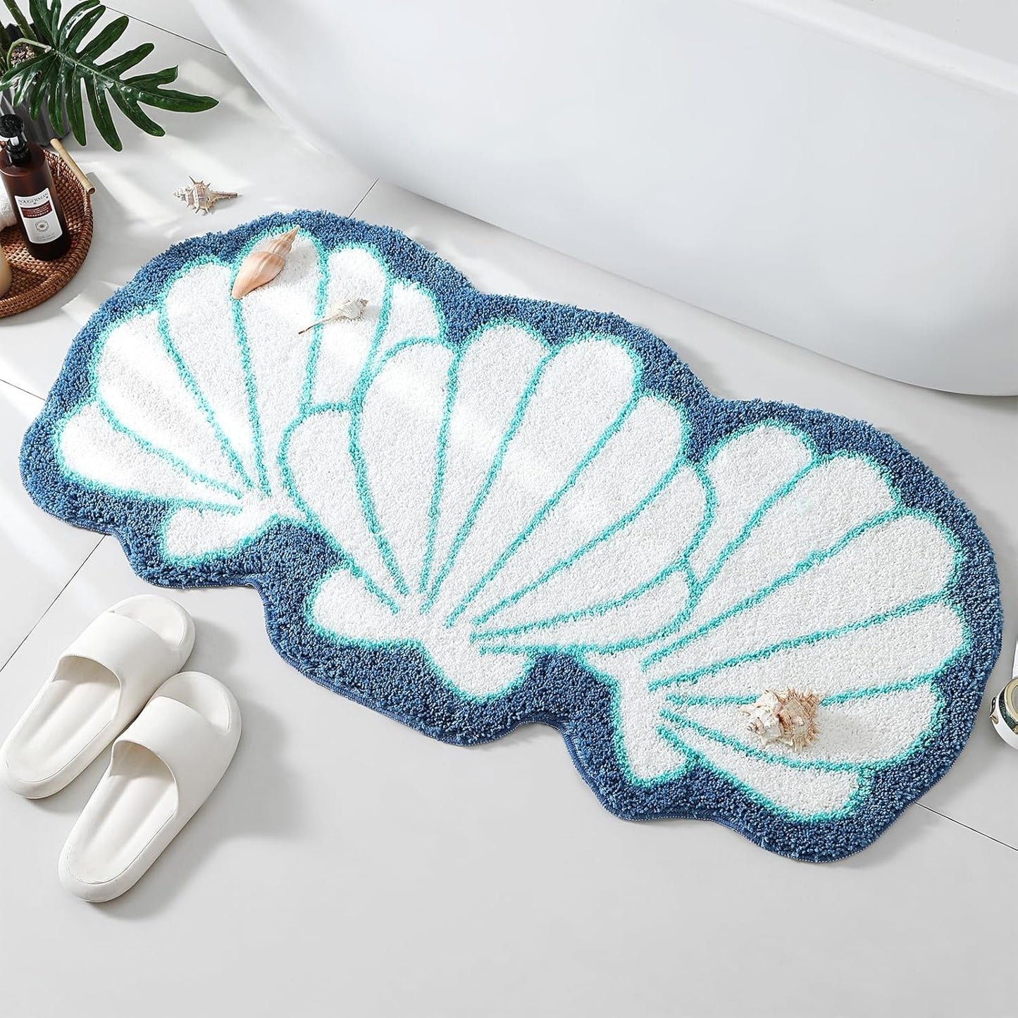YRXRUS Seashells Bathroom Rug, Bathroom Runner, Blue Bath Rugs, Ocean Decor Shell Bath Mat Gifts, Cute Seashell Shaped Rugs for Sea Room Decor, Machine Washable & Non-Slip Mat, 45x23 Inch