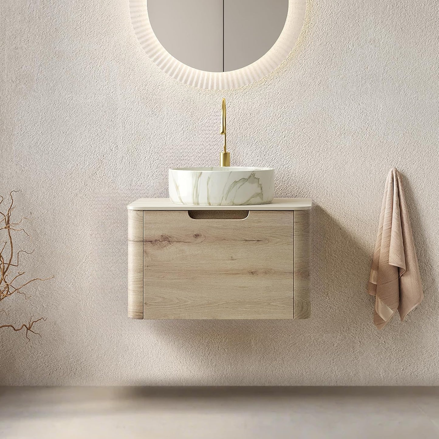 30 Inschs Bathroom Vanity with Sink, Modern Wall Mounted Bathroom with Soft Close Drawer, Stone Pattern Round Ceramic Basin and Solid Material Roma Travertine-Pattern Sintered Stone Top, Oak