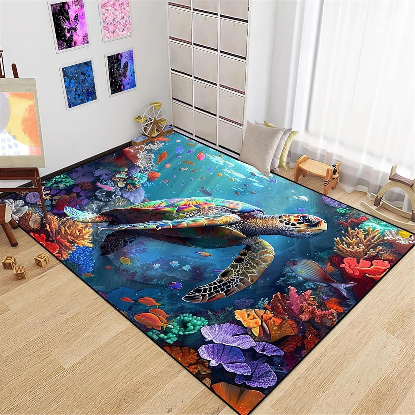 Sea Turtle Rug - Ocean Animal Theme Area Rug Blue Turtle Coral Printted Carpet Sea Animal Underwater Carpet Sea Turtle Mat for Kids Bedroom Living Room Decor,3'×5'