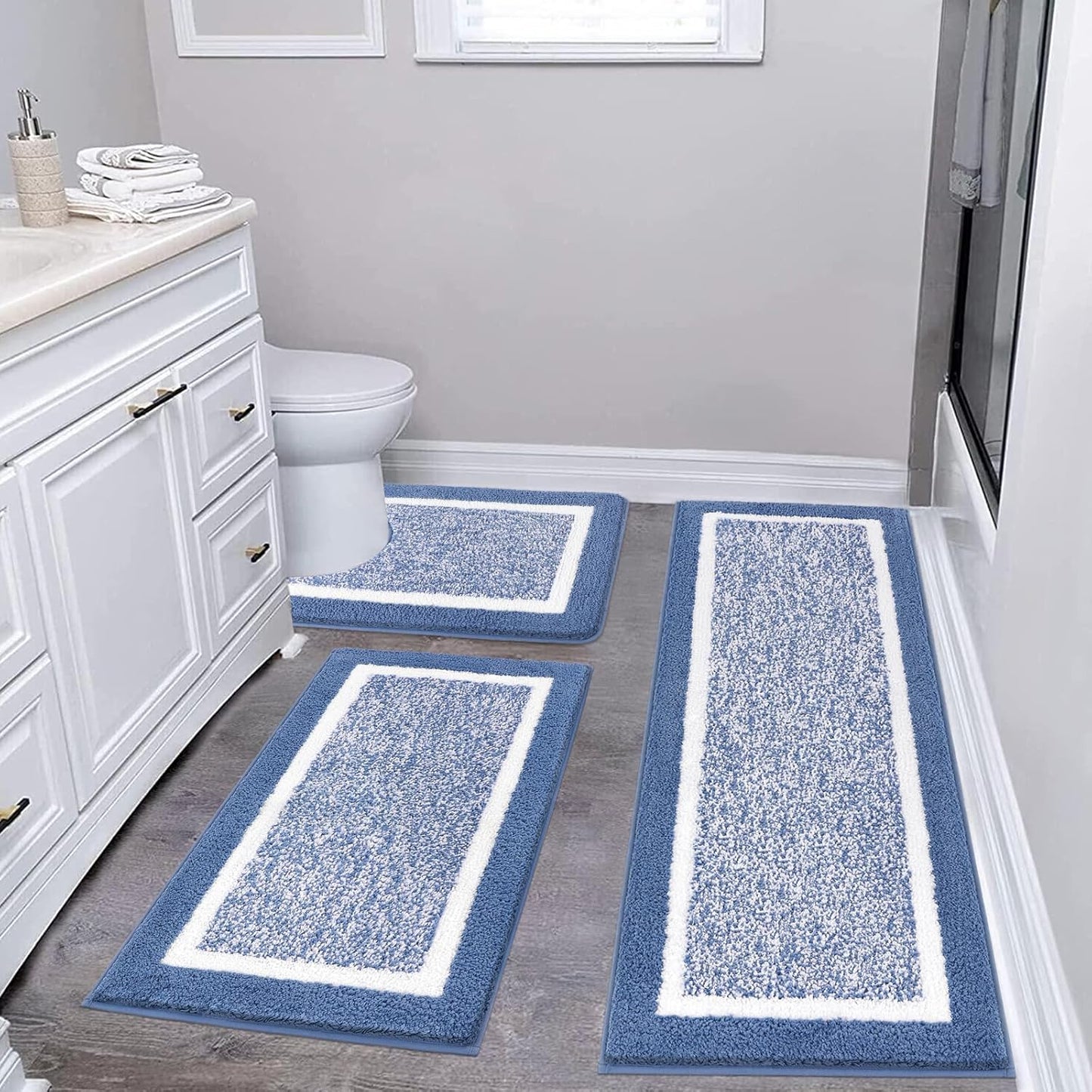Pauwer 3 Pieces Bathroom Rugs Sets, Ultra Soft Non-Slip Mats, Microfiber Absorbent Bath Rugs with U-Shaped Toilet Rug for Bath Floor, Tub, Shower, Blue