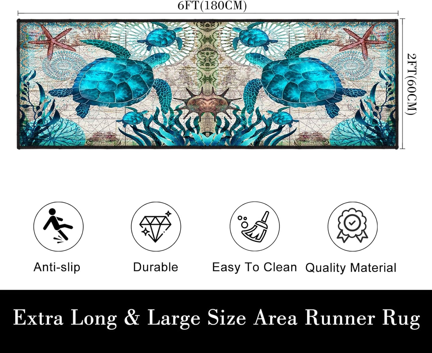 Coastal Runner Rug for Hallway 2x6 Sea Turtle Hallway Rugs Nautical Throw Rug Blue Turtles Beach Ocean Life Teal Marine Animal Area Rug Non-Slip Floor Carpet for Bedroom Entryway Door Mat Washable Rug