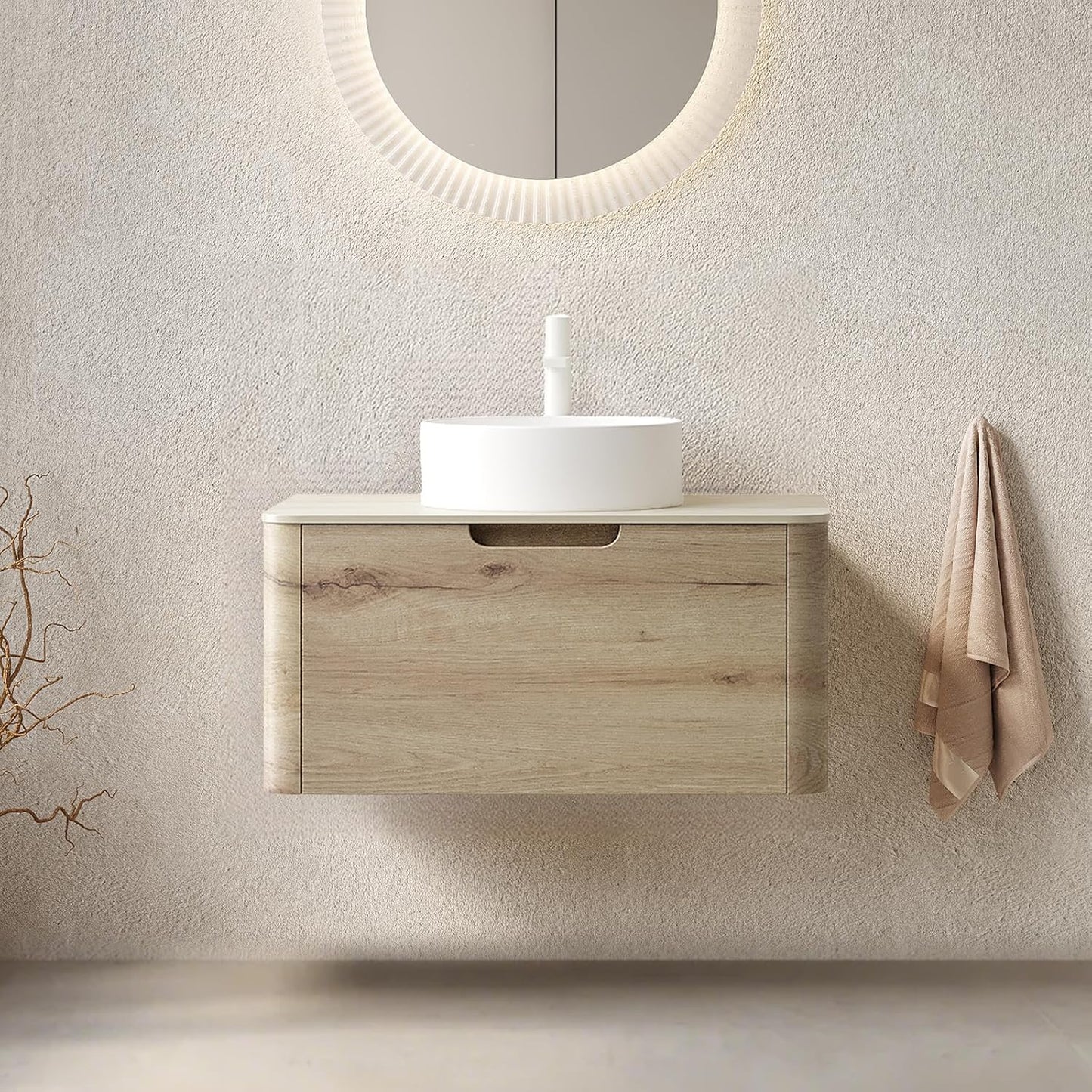 30 Inschs Bathroom Vanity with Sink, Modern Wall Mounted Bathroom with Soft Close Drawer, Stone Pattern Round Ceramic Basin and Solid Material Roma Travertine-Pattern Sintered Stone Top, Oak