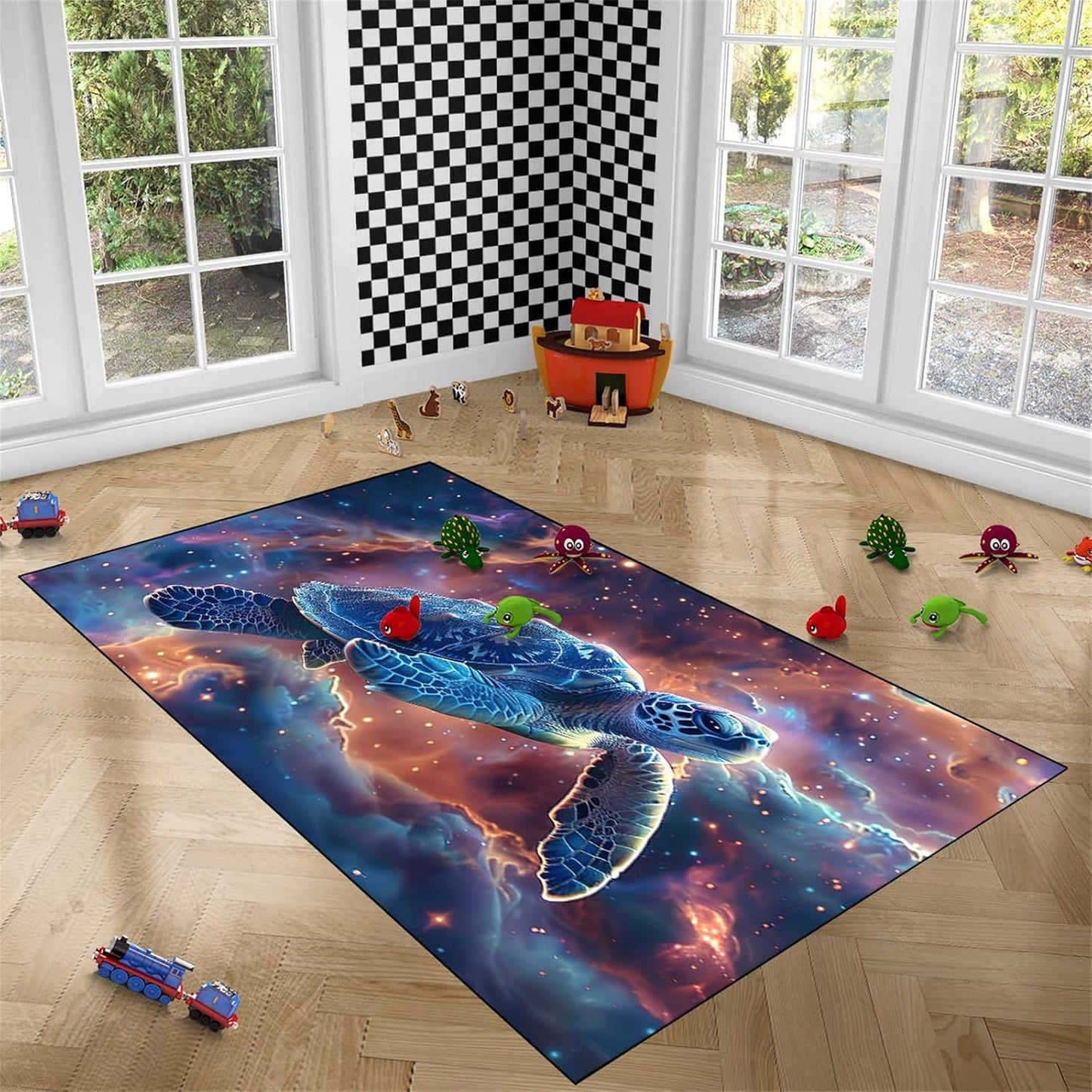 Sea Turtle Rug - Ocean Animal Theme Area Rug Blue Turtle Coral Printted Carpet Sea Animal Underwater Carpet Sea Turtle Mat for Kids Bedroom Living Room Decor,3'×5'