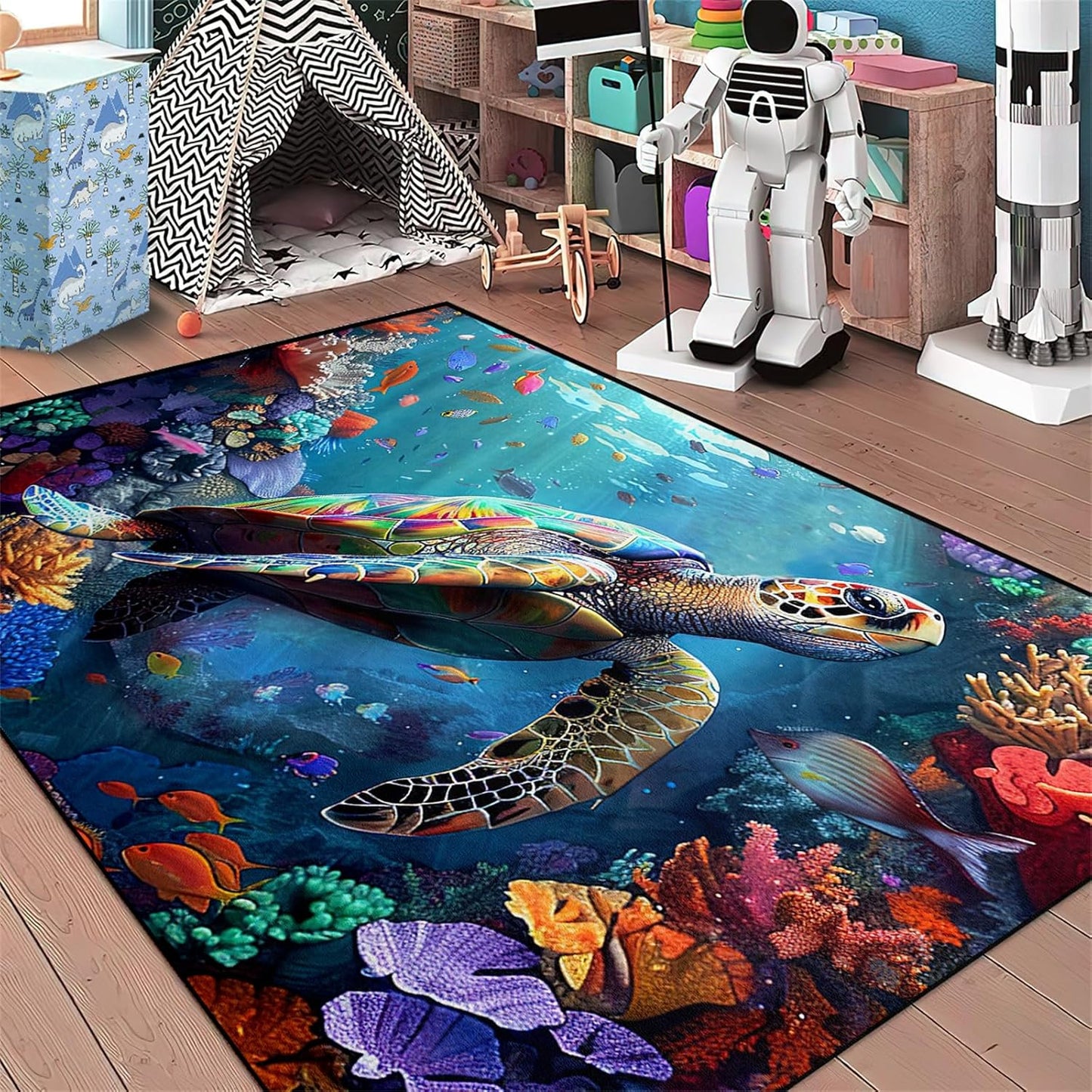 Sea Turtle Rug - Ocean Animal Theme Area Rug Blue Turtle Coral Printted Carpet Sea Animal Underwater Carpet Sea Turtle Mat for Kids Bedroom Living Room Decor,3'×5'