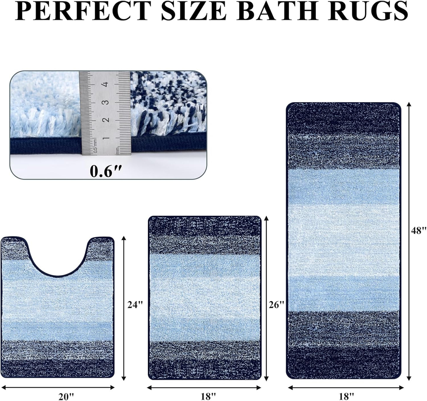 Pauwer 3 Piece Bath Mat Set Bathroom Rugs, Non Slip Plush Bathroom Mats, Absorbent Shaggy Bathroom Rug Set with U-Shaped Contour Toilet Mat for Bedroom Living Room, Navy Blue