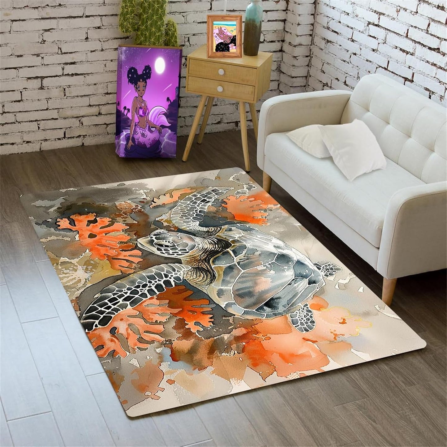 Sea Turtle Rug - Ocean Animal Theme Area Rug Blue Turtle Coral Printted Carpet Sea Animal Underwater Carpet Sea Turtle Mat for Kids Bedroom Living Room Decor,3'×5'