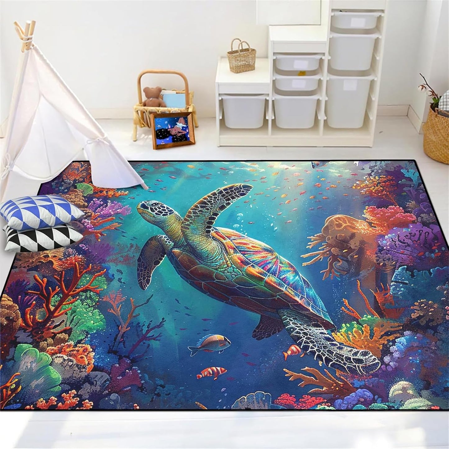 Sea Turtle Rug - Ocean Animal Theme Area Rug Blue Turtle Coral Printted Carpet Sea Animal Underwater Carpet Sea Turtle Mat for Kids Bedroom Living Room Decor,3'×5'