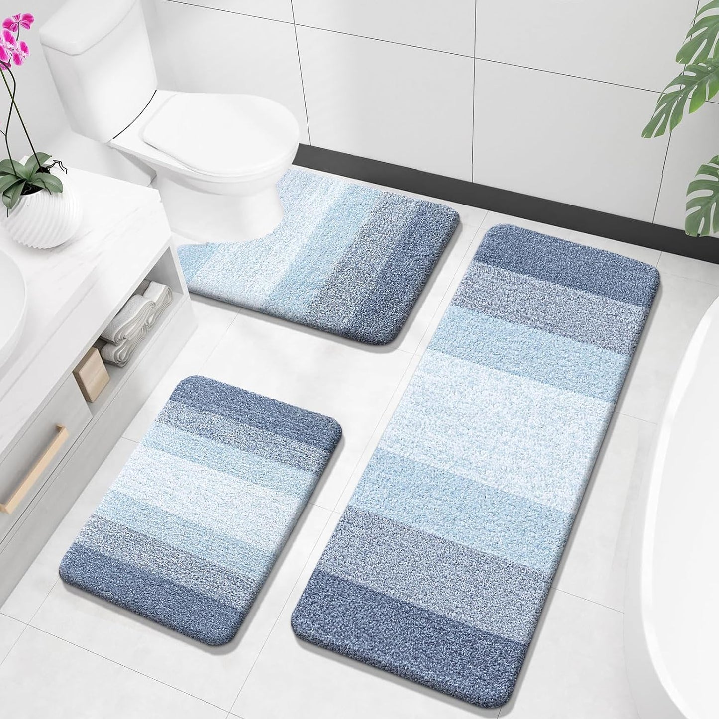 OLANLY Bathroom Rugs Sets 3 Piece, Soft Absorbent Microfiber Bath Mats and U-Shaped Contour Toilet Rug, Plush Shaggy Bath Mat Set for Bathroom (30"x20"+24"x16"+24"x20", Navy)