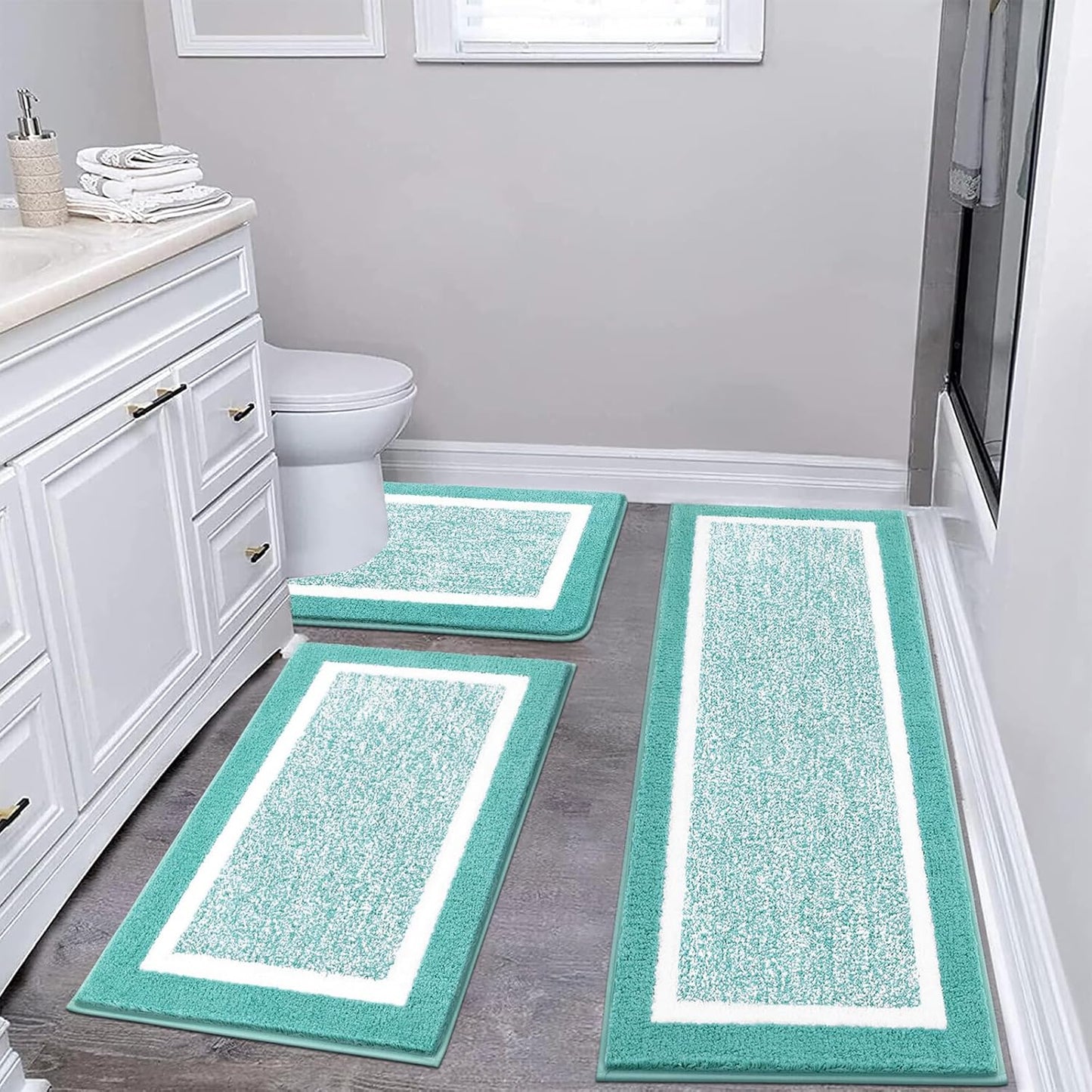 Pauwer 3 Pieces Bathroom Rugs Sets, Ultra Soft Non-Slip Mats, Microfiber Absorbent Bath Rugs with U-Shaped Toilet Rug for Bath Floor, Tub, Shower, Blue