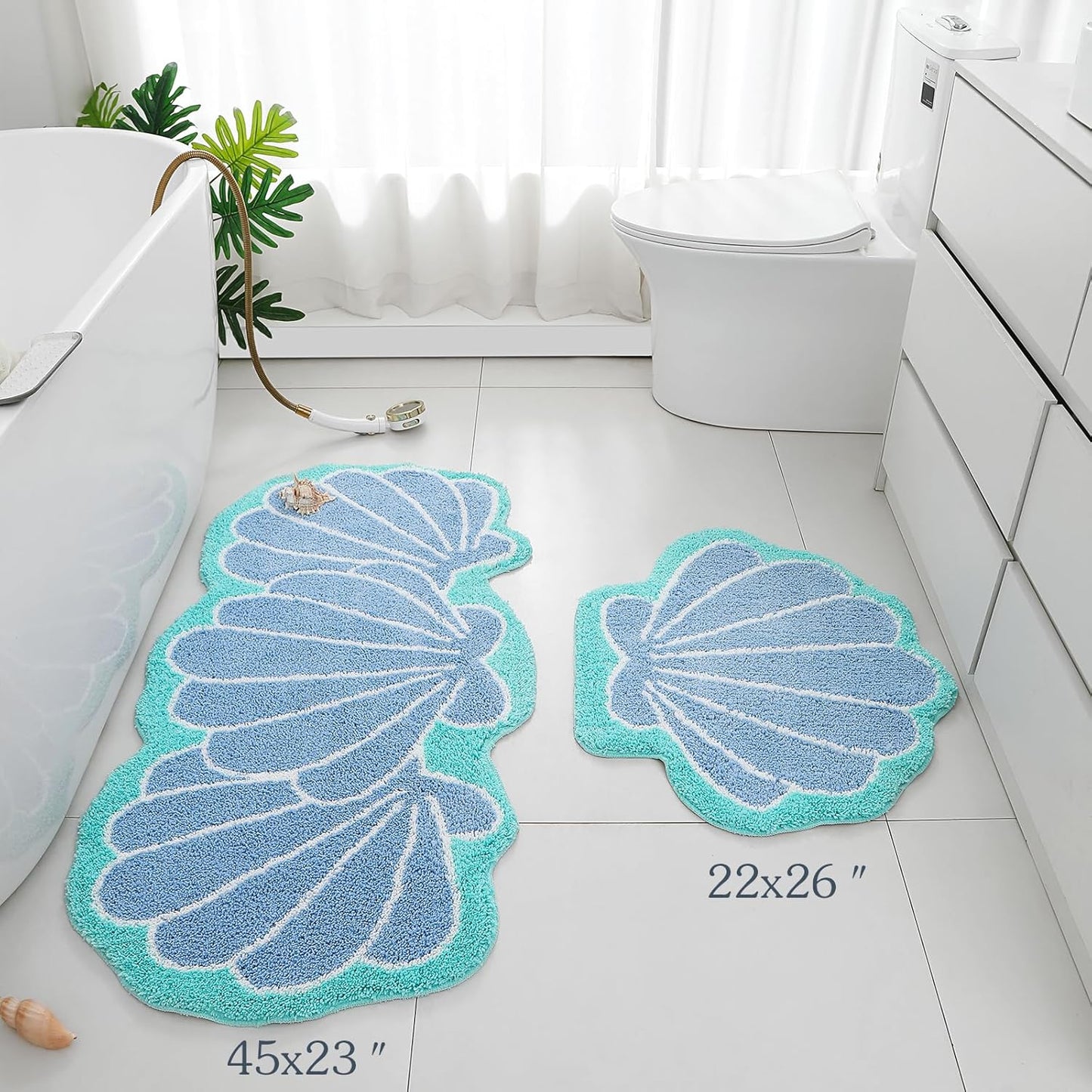 YRXRUS Seashells Bathroom Rug, Bathroom Runner, Blue Bath Rugs, Ocean Decor Shell Bath Mat Gifts, Cute Seashell Shaped Rugs for Sea Room Decor, Machine Washable & Non-Slip Mat, 45x23 Inch