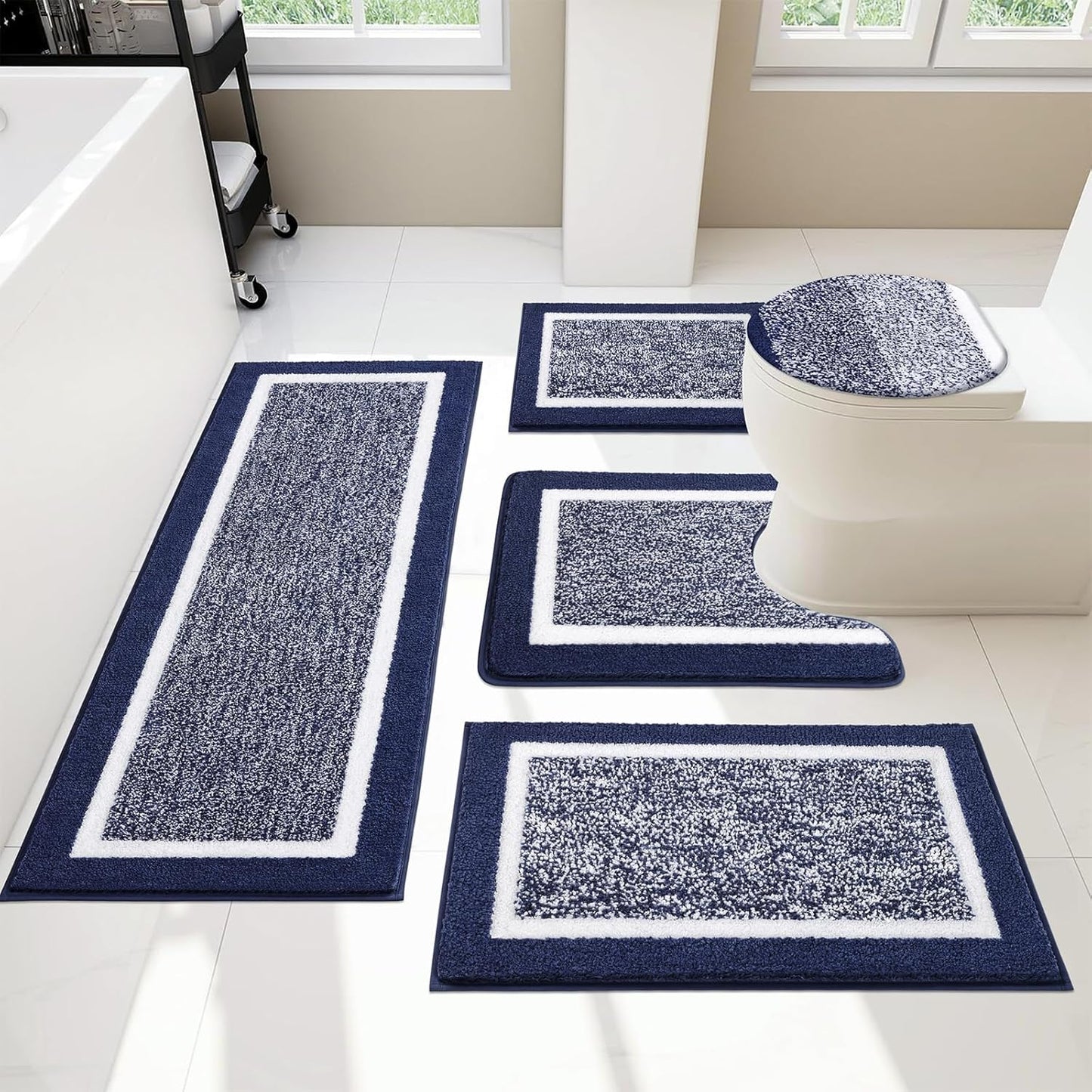 Pauwer Bathroom Rugs Set 5 Piece, Plush Absorbent Microfiber Bath Mats for Bathroom, Non Slip Washable Bath Rug Set with U Shaped Contour Toilet Rugs, Shower Rug and Toilet Lid Cover, Navy Blue