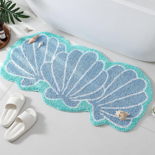YRXRUS Seashells Bathroom Rug, Bathroom Runner, Blue Bath Rugs, Ocean Decor Shell Bath Mat Gifts, Cute Seashell Shaped Rugs for Sea Room Decor, Machine Washable & Non-Slip Mat, 45x23 Inch