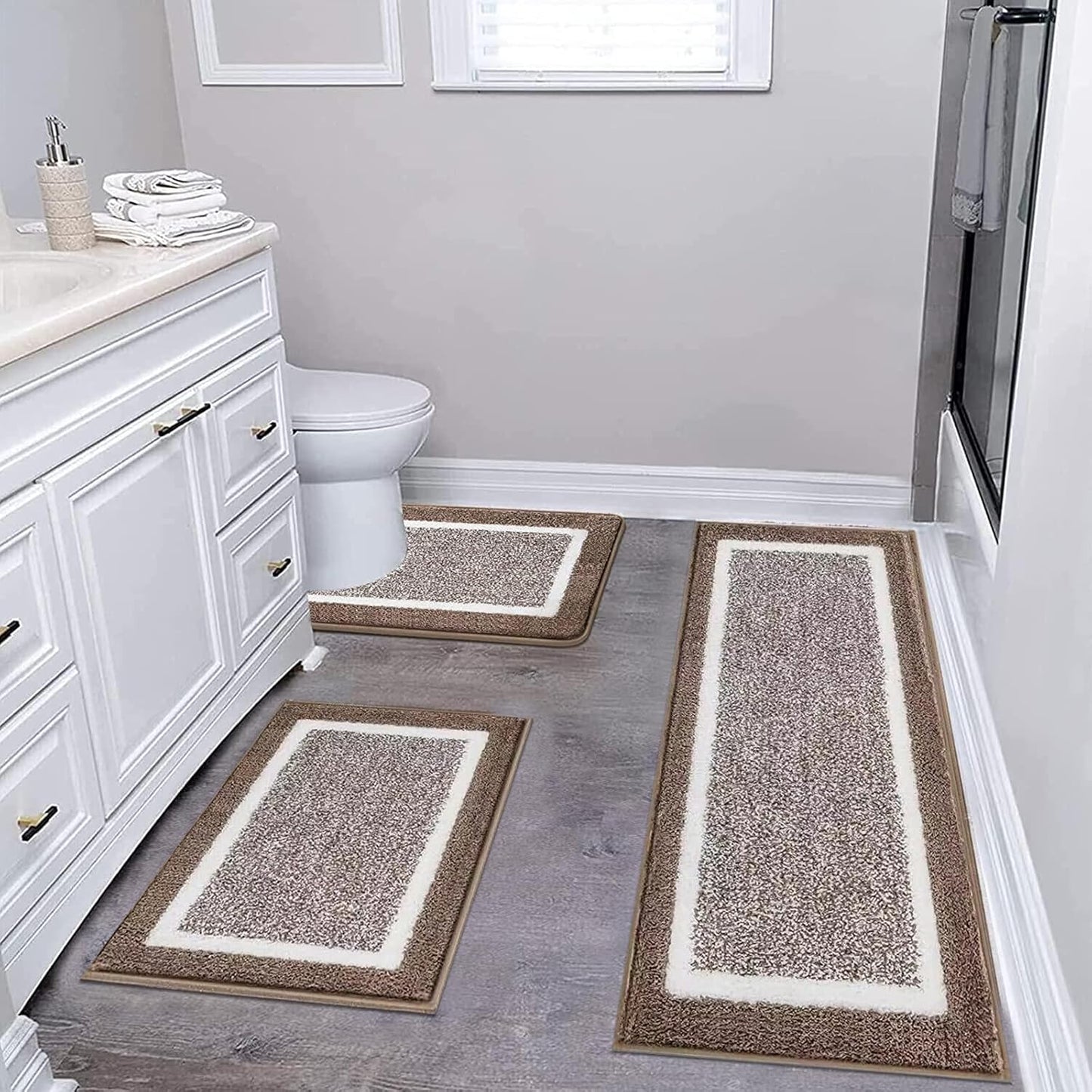 Pauwer 3 Pieces Bathroom Rugs Sets, Ultra Soft Non-Slip Mats, Microfiber Absorbent Bath Rugs with U-Shaped Toilet Rug for Bath Floor, Tub, Shower, Blue