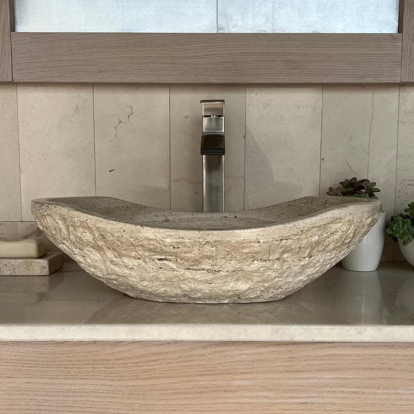 Natural Tan Travertine Vessel Sink – Modern Rustic Chiseled Oval Canoe Bathroom Sink – Hand-Carved Marble – Real Stone Basin