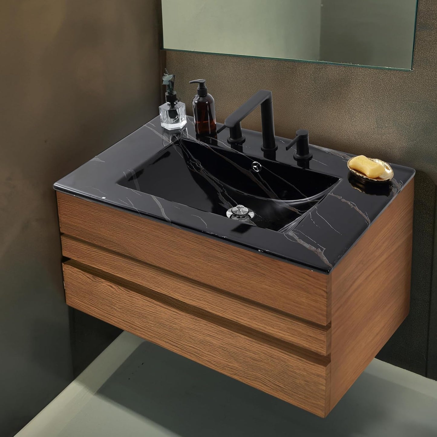 JONATHAN Y SNK1002D Ancillary 3-Hole 30 in. W x 18.25 in. D Classic Contemporary Rectangular Ceramic Single Sink Basin Vanity Top, Black Marble Effect